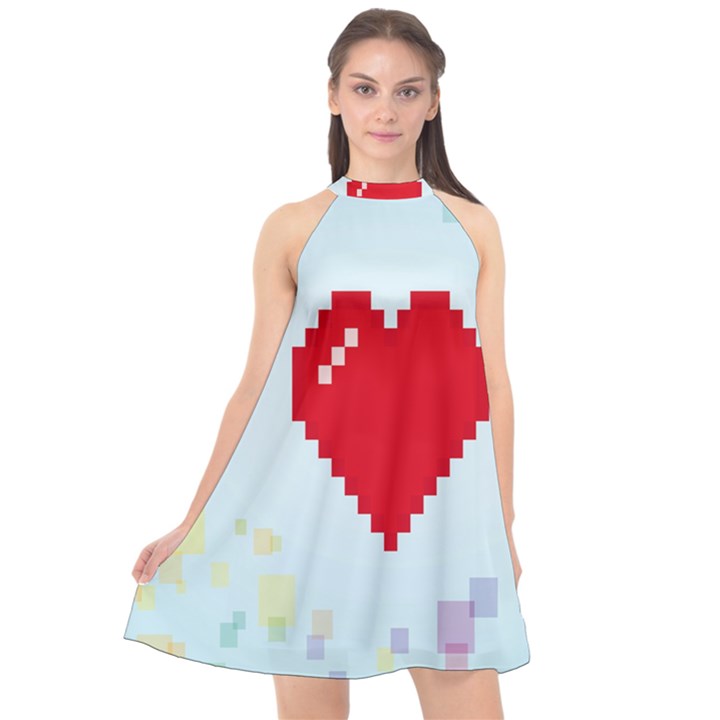 Red Heart Love Plaid Red Blue Halter Neckline Chiffon Dress 