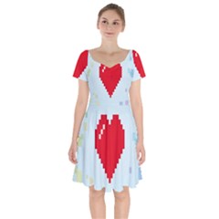 Red Heart Love Plaid Red Blue Short Sleeve Bardot Dress