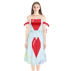 Red Heart Love Plaid Red Blue Shoulder Tie Bardot Midi Dress