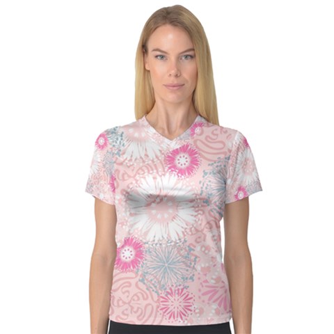 Scrapbook Paper Iridoby Flower Floral Sunflower Rose Women s V-neck Sport Mesh Tee by Mariart