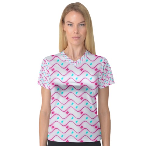 Squiggle Red Blue Milk Glass Waves Chevron Wave Pink Women s V-neck Sport Mesh Tee by Mariart