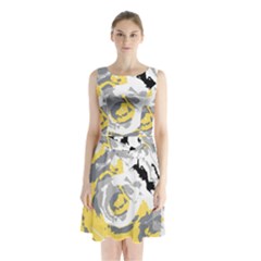 Abstract art Sleeveless Waist Tie Chiffon Dress