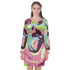 Abstract Art Long Sleeve Chiffon Shift Dress 