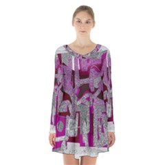 Abstract Art Long Sleeve Velvet V-neck Dress by ValentinaDesign