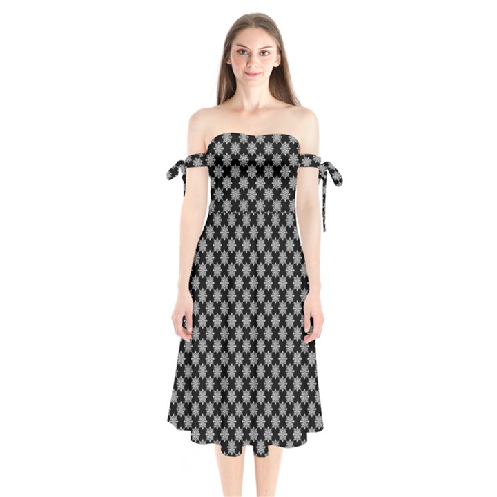 Pattern Shoulder Tie Bardot Midi Dress