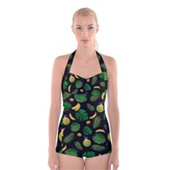 Tropical pattern Boyleg Halter Swimsuit 