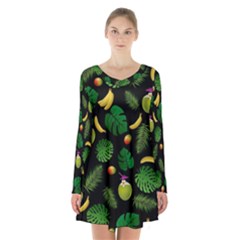 Tropical Pattern Long Sleeve Velvet V-neck Dress by Valentinaart