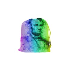 Abraham Lincoln Portrait Rainbow Colors Typography Drawstring Pouches (small)  by yoursparklingshop