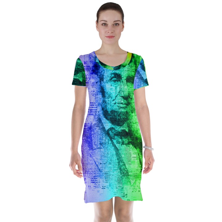 Abraham Lincoln Portrait Rainbow Colors Typography Short Sleeve Nightdress