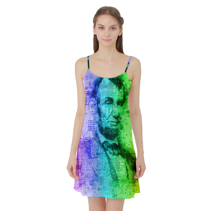 Abraham Lincoln Portrait Rainbow Colors Typography Satin Night Slip