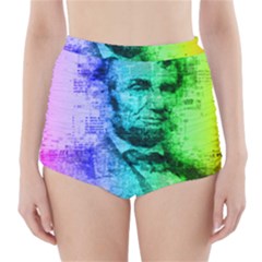 Abraham Lincoln Portrait Rainbow Colors Typography High-waisted Bikini Bottoms by yoursparklingshop