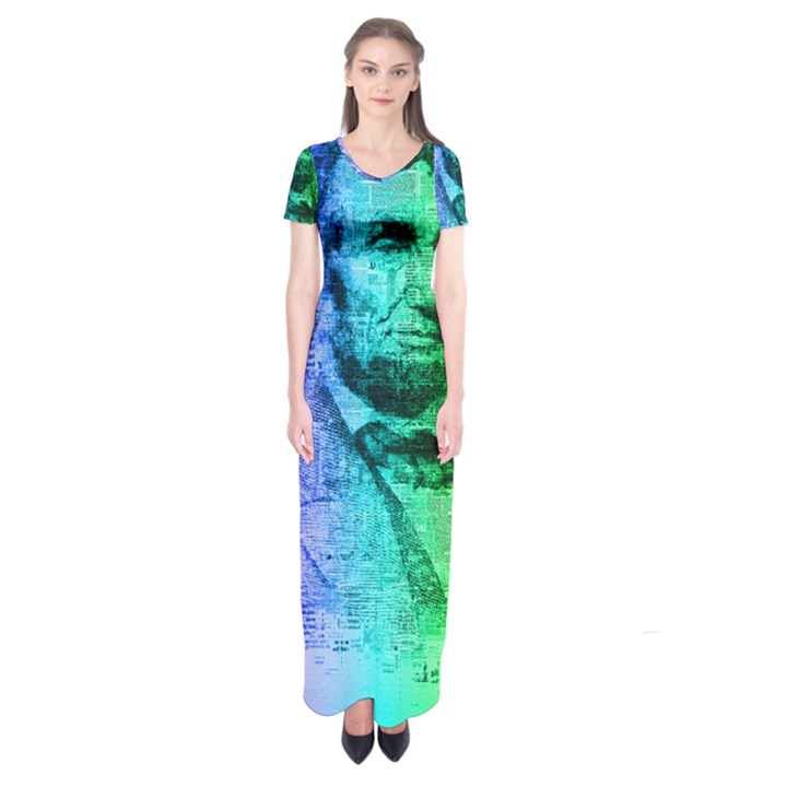 Abraham Lincoln Portrait Rainbow Colors Typography Short Sleeve Maxi Dress