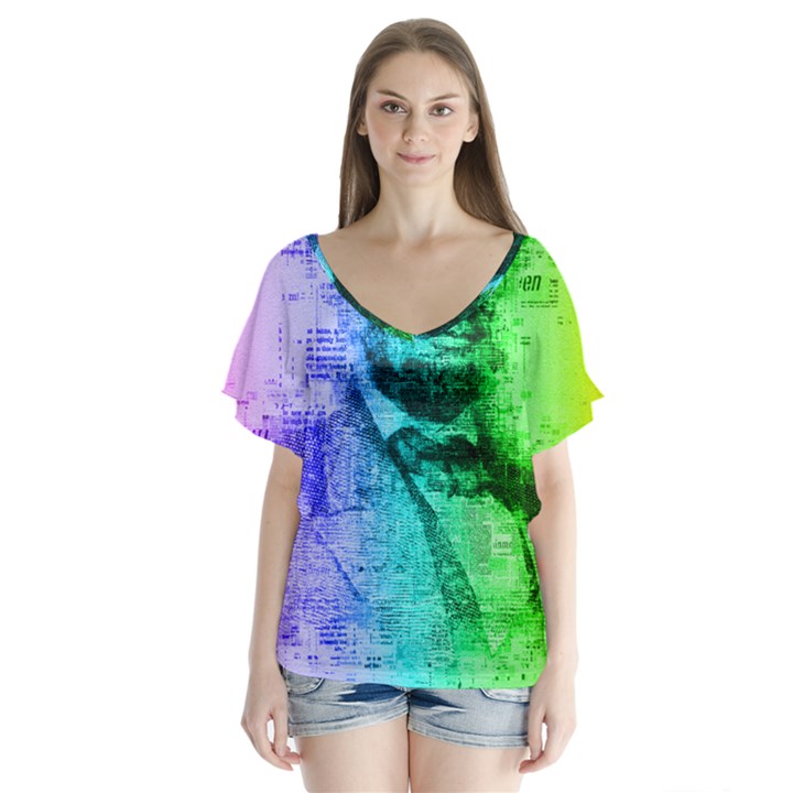 Abraham Lincoln Portrait Rainbow Colors Typography Flutter Sleeve Top