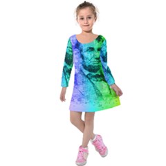 Abraham Lincoln Portrait Rainbow Colors Typography Kids  Long Sleeve Velvet Dress by yoursparklingshop