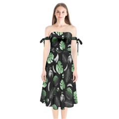 Tropical Pattern Shoulder Tie Bardot Midi Dress