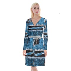 Blue Painted Wood                    Long Sleeve Velvet Front Wrap Dress by LalyLauraFLM