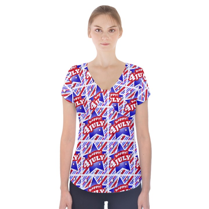 Happy 4th Of July Theme Pattern Short Sleeve Front Detail Top