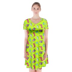 Dinosaurs Pattern Short Sleeve V-neck Flare Dress by ValentinaDesign