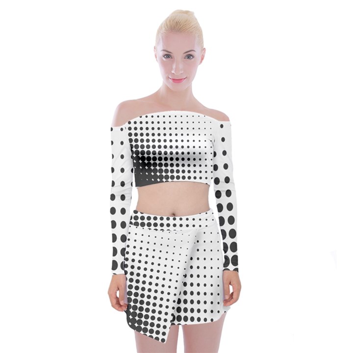 Comic Dots Polka Black White Off Shoulder Top with Skirt Set