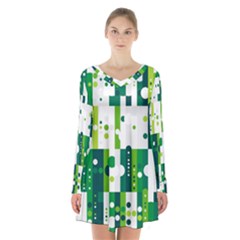 Generative Art Experiment Rectangular Circular Shapes Polka Green Vertical Long Sleeve Velvet V-neck Dress by Mariart