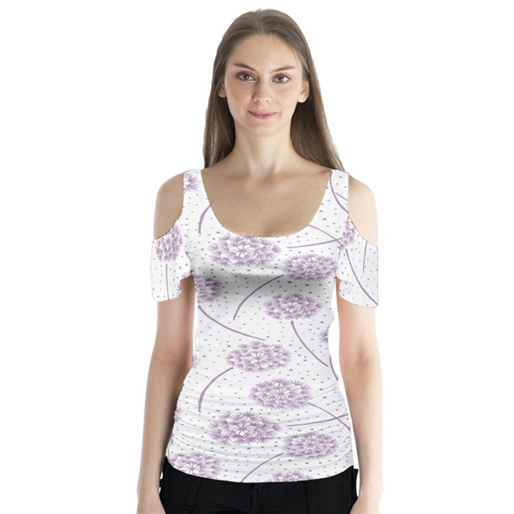 Purple Tulip Flower Floral Polkadot Polka Spot Butterfly Sleeve Cutout Tee 