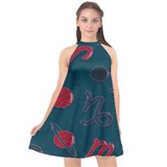 Zodiac Signs Planets Blue Red Space Halter Neckline Chiffon Dress 