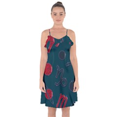 Zodiac Signs Planets Blue Red Space Ruffle Detail Chiffon Dress