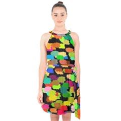 Colorful Paint On A Black Background          Halter Collar Waist Tie Chiffon Dress