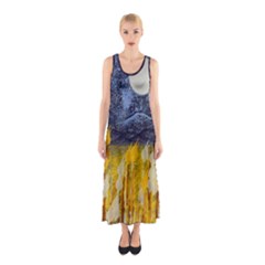 Blue And Gold Landscape With Moon Sleeveless Maxi Dress by digitaldivadesigns