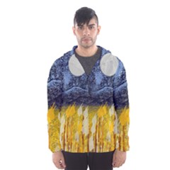 Blue And Gold Landscape With Moon Hooded Wind Breaker (men) by digitaldivadesigns