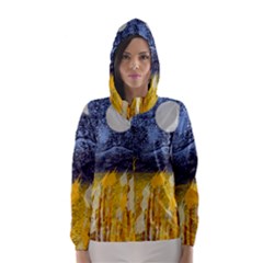 Blue And Gold Landscape With Moon Hooded Wind Breaker (women) by digitaldivadesigns