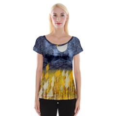 Blue And Gold Landscape With Moon Women s Cap Sleeve Top by digitaldivadesigns