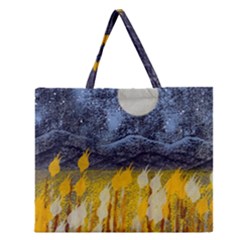 Blue And Gold Landscape With Moon Zipper Large Tote Bag by digitaldivadesigns