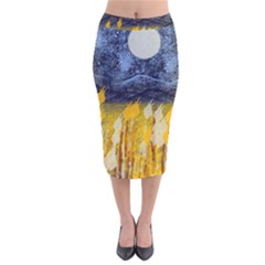 Blue And Gold Landscape With Moon Velvet Midi Pencil Skirt by digitaldivadesigns