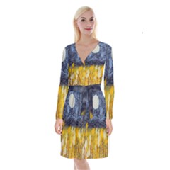 Blue And Gold Landscape With Moon Long Sleeve Velvet Front Wrap Dress