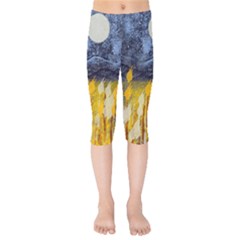 Blue And Gold Landscape With Moon Kids  Capri Leggings 