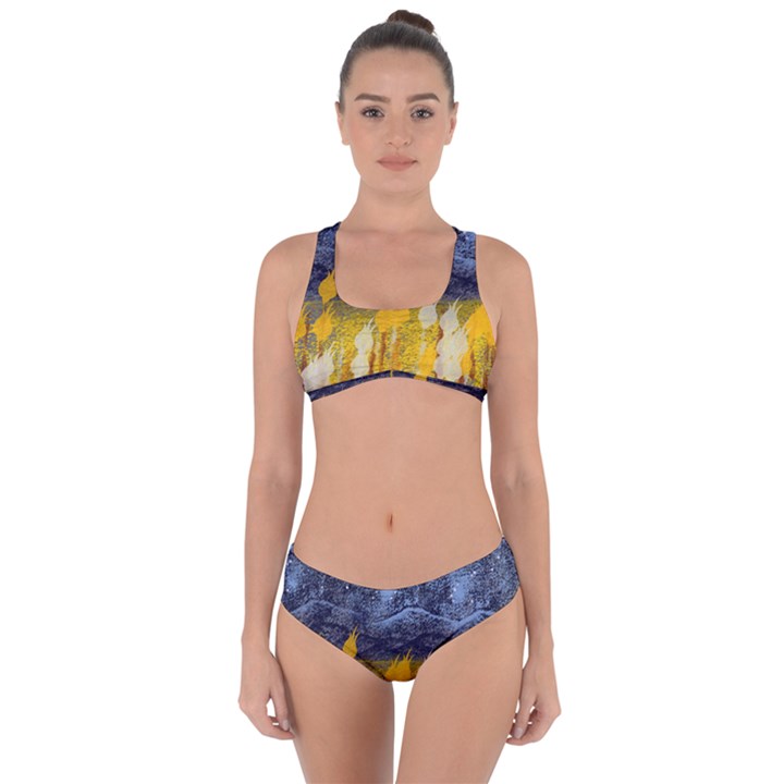 Blue and Gold Landscape with Moon Criss Cross Bikini Set