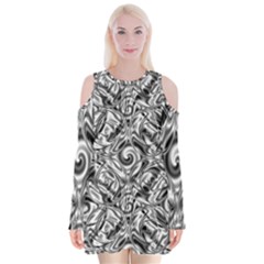 Gray Scale Pattern Tile Design Velvet Long Sleeve Shoulder Cutout Dress by Nexatart