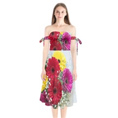 Flowers Gerbera Floral Spring Shoulder Tie Bardot Midi Dress