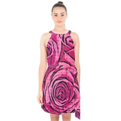 Pop Art Roses Halter Collar Waist Tie Chiffon Dress