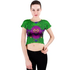 Summer Flower Girl With Pandas Dancing In The Green Crew Neck Crop Top by pepitasart