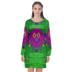 Summer Flower Girl With Pandas Dancing In The Green Long Sleeve Chiffon Shift Dress  by pepitasart