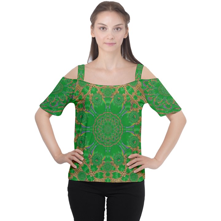 Summer Landscape In Green And Gold Women s Cutout Shoulder Tee