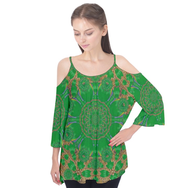 Summer Landscape In Green And Gold Flutter Tees