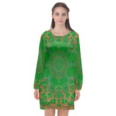 Summer Landscape In Green And Gold Long Sleeve Chiffon Shift Dress  by pepitasart