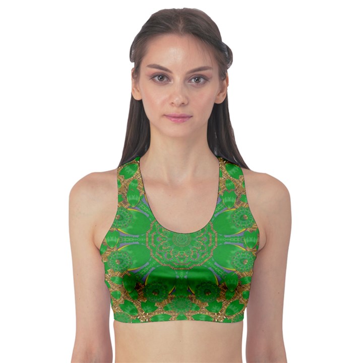 Summer Landscape In Green And Gold Sports Bra