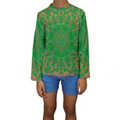 Summer Landscape In Green And Gold Kids  Long Sleeve Swimwear by pepitasart