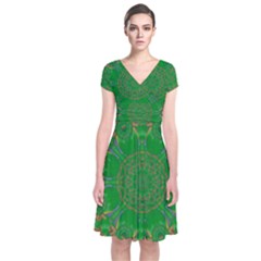 Summer Landscape In Green And Gold Short Sleeve Front Wrap Dress by pepitasart