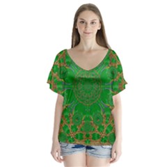 Summer Landscape In Green And Gold Flutter Sleeve Top by pepitasart