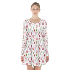 Watermelon Fruit Paterns Long Sleeve Velvet V-neck Dress by TastefulDesigns